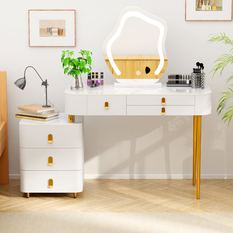 Coiffeuse de maquillage, coiffeuse avec miroir lumineux, gradation à écran tactile 3 couleurs, commode de chambre à coucher pour meubles de chambre à coucher