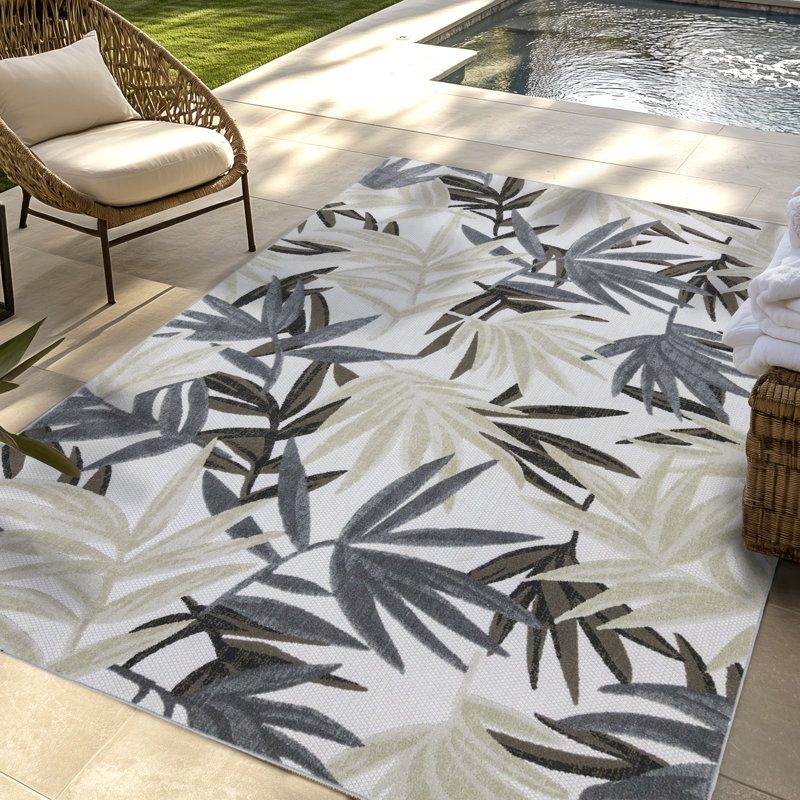 Tapis intérieur / extérieur ivoire multicolore à motif de feuilles tropicales à motif de feuilles tropicales haute Gize Isla