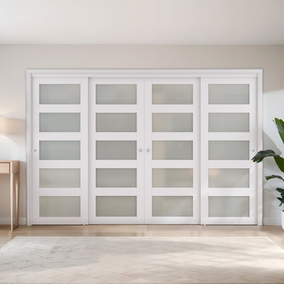 96" x 80" 5-Lite Frosted Glass Bypass Sliding Closet Doors with Hardware Kit