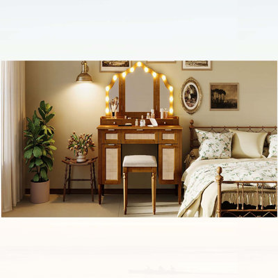 Meuble-lavabo élégant avec tabouret, 13 ampoules Hollywood, 3 modes d'éclairage, miroir à trois volets, beaucoup de rangement et station de charge