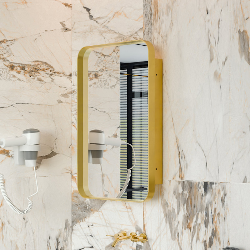 Miroir mural avec tablettes réglables et rangement, Doré