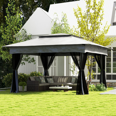 Auvent 11 pi pour l'extérieur pour pique-nique. Filet amovible à fermeture à glissière, tente de pavillon de jardin instantanée. 114 pieds carrés Pi. Abat-jour, sac de transport, auvent extérieur gris, avec filet à fermeture à glissière. Cour arrière, jardin, patio, sac carré