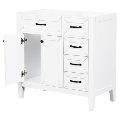 Base de meuble-lavabo de salle de bain 36 po seulement en blanc. Organisateur de tiroir. Bois massif et style contemporain. Autoportant. Base blanche requise. Tiroirs pour les produits de base. Moderne