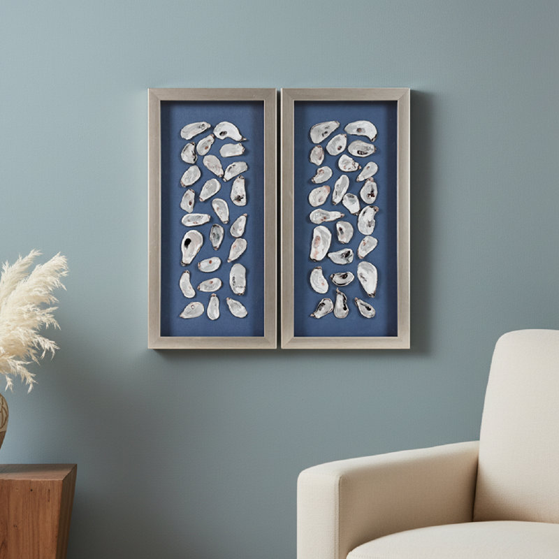 Kierslyn Natural Oyster Shell Panel Wall Art Set with Champagne Frame - Handcrafted 2 Piece Vertical Coastal Wall Decor