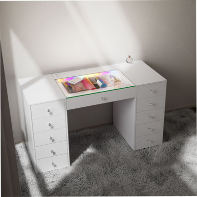 51.2" Vanity Desk With RGB LED Light Strip, Modern Glass Top Makeup Vanity With 11 Drawers, Large Dressing Table With 6 Color Lighting Modes For Bedroom