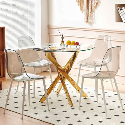 Table de salle à manger ronde, table de salle à manger en verre, carré 90 x 90 x 75 cm, pieds dorés, plateau de table en verre