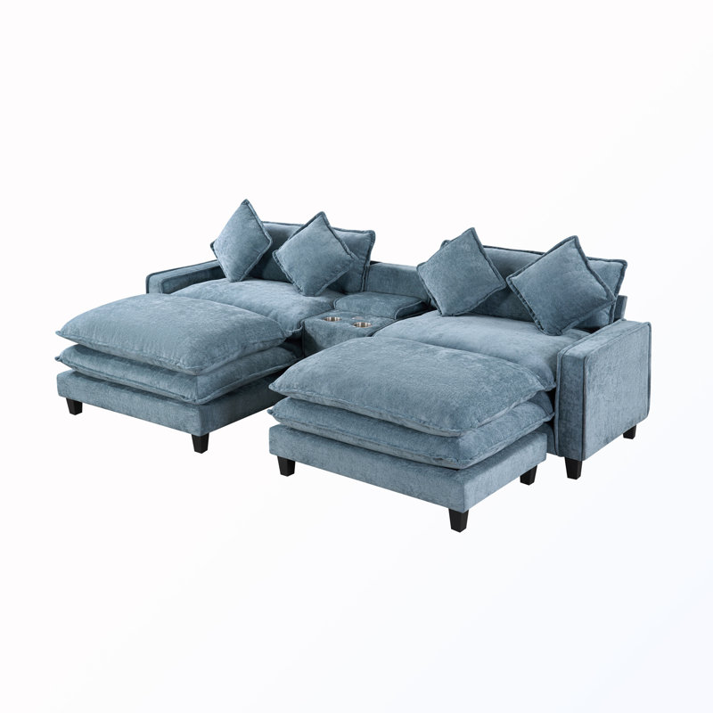 Canapé modulaire rembourré avec 2 repose-pieds, 2 ports USB et 2 porte-gobelets, Light Blue