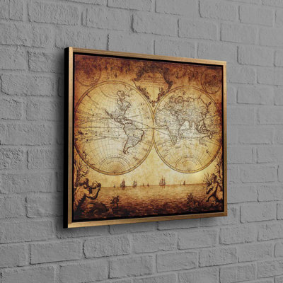 Vintage World Map Art Canvas With Old Map Poster Wall Decor In Brown Artwork For Home and Office Aesthetic -  kayra export, R-579-1PC-30x30