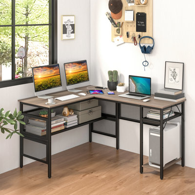 Sharvin Modular L-Shaped Steel Computer Desk with Built-In Electrical Outlet