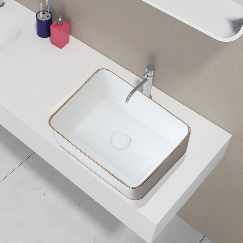 Modern White Ceramic Vessel Bathroom Sink Basin With Basket Strainer, Or