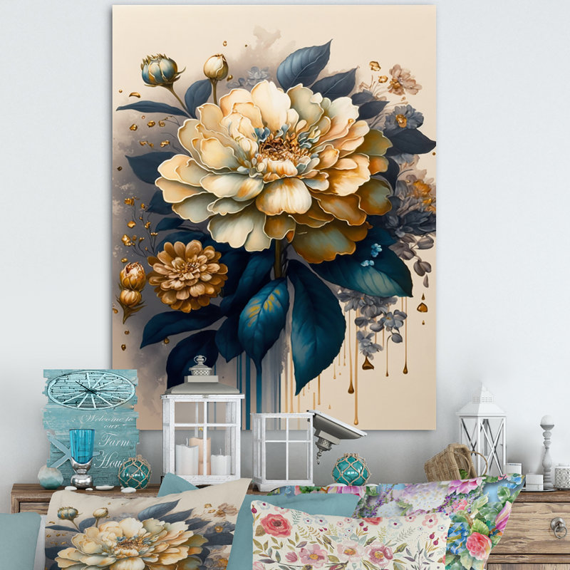 Jaune profond et fleurs de zinnia bleues II - Impression sur toile, H 32 po x l 16 po x P 1 po, Toile tendue