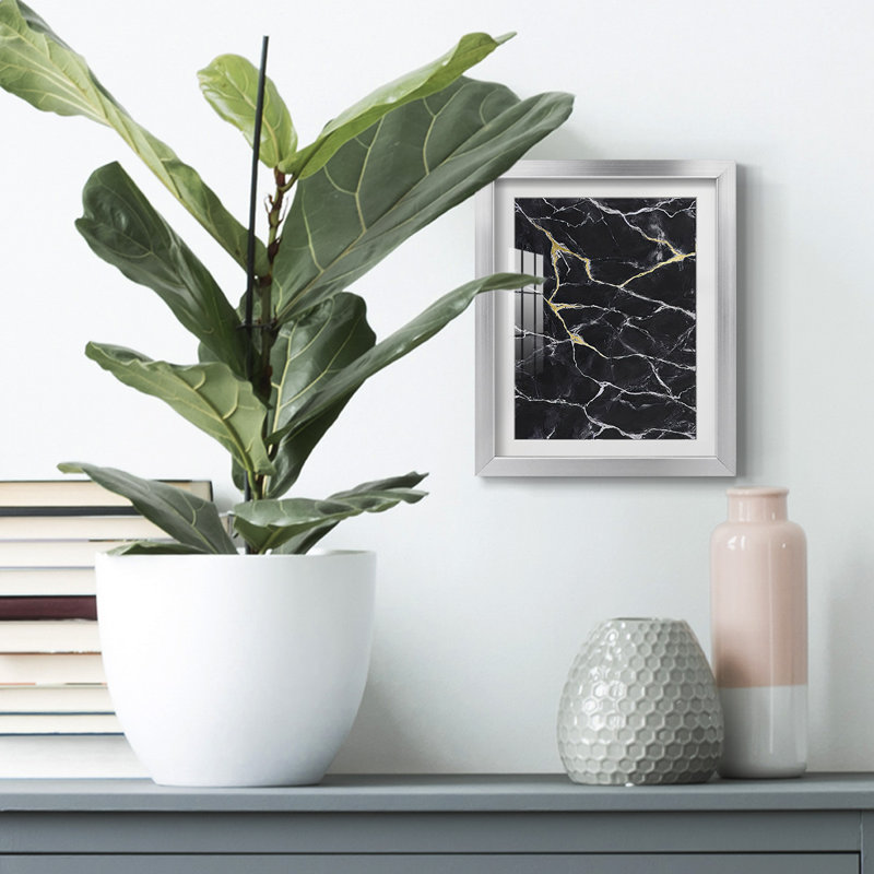 Marbre noir I, reproduction encadrée, Blanc, Papier avec cadre argenté