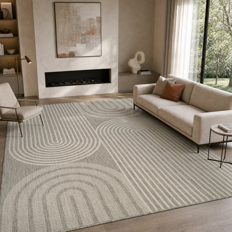 Tapis intérieur/extérieur géométrique gris/blanc résistant aux UV, Gris / Blanc, Rectangle 9 pi x 12 pi