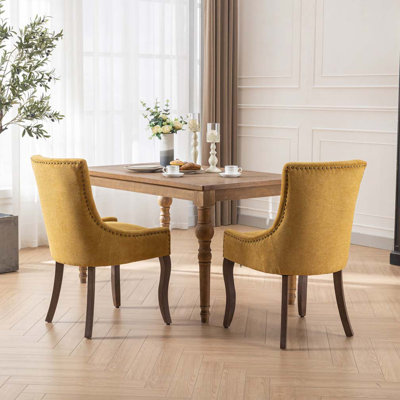 Meuble, chaise de salle à manger Ultra Side, chaises en tissu épaissi avec pieds en bois massif aux tons neutres, tête de clou bronze, ensemble de 2