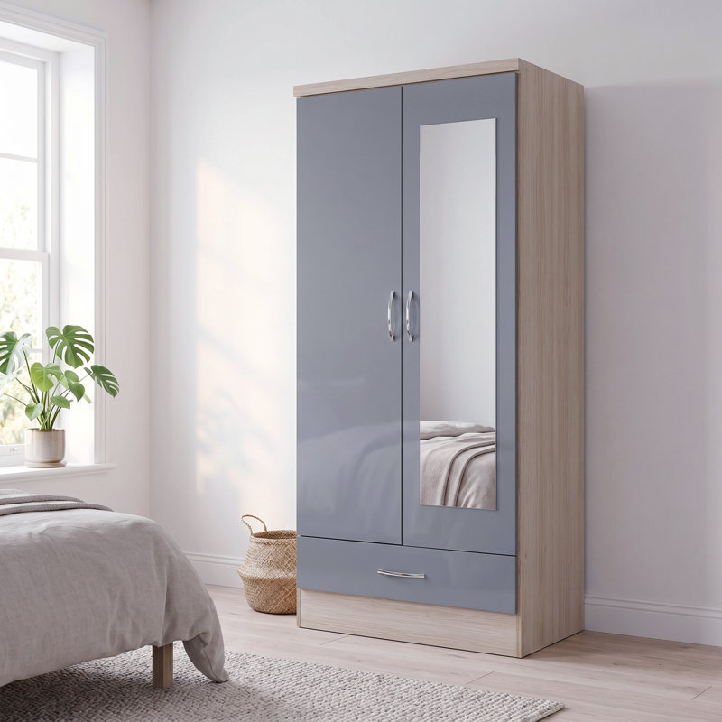Cascio 2 Door Wardrobe, Grey Gloss/Light Oak Effect Veneer