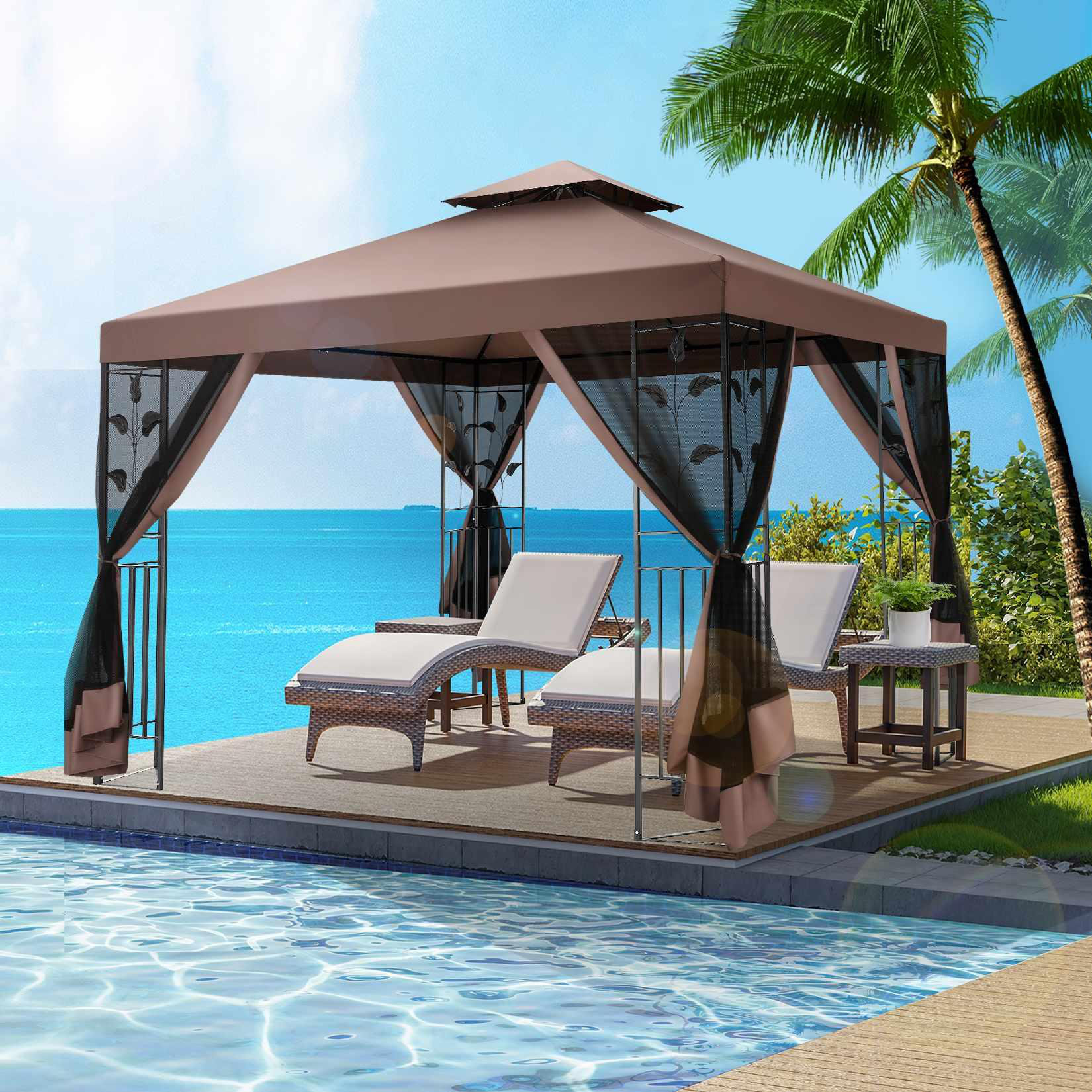 12'x10' Patio Gazebo, Heavy Duty Outdoor Canopy With Mesh Curtains And  Safety Bars, Canopy Tent With Waterproof Double Roof Tops, For Garden