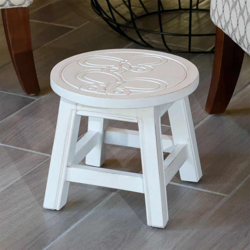 Marchepied en bois sculpté, papillons, blanc antique, Antique White