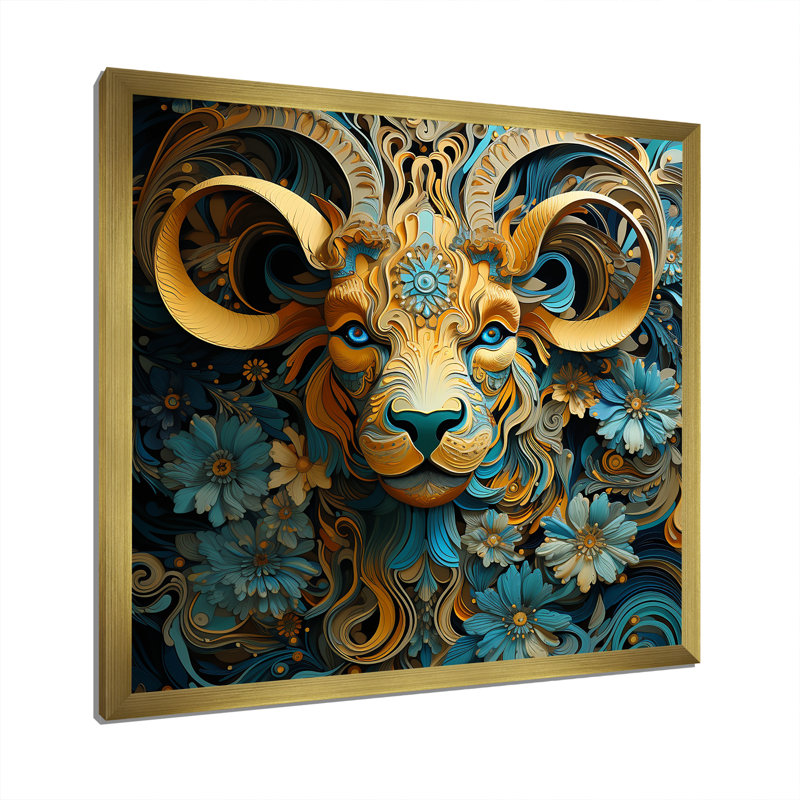 Capricorne jaune, fleurs de chèvre - art mural animal de chèvre, Cadre doré simple, H 36 po x l 36 po x P 1,5 po