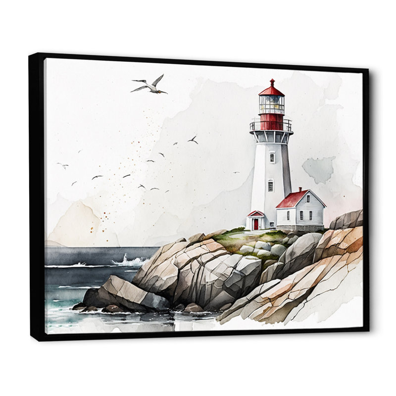 Art sur toile, "Phare par l'océan IV", L 40 po x H 30 po, Toile avec cadre flottant noir