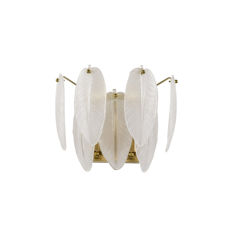 Nebih 2-light Brushed Shiny Brass Feather-shaped Glass Wall Sconce 