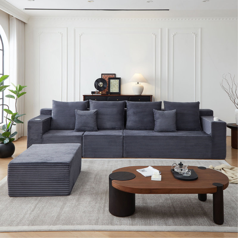 Canapé modulaire désossé en velours côtelé avec porte-gobelets, sans assemblage requis, Velours côtelé gris