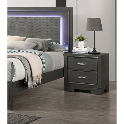 Table de chevet classique gris métallique avec accents en bois massif et acrylique translucide