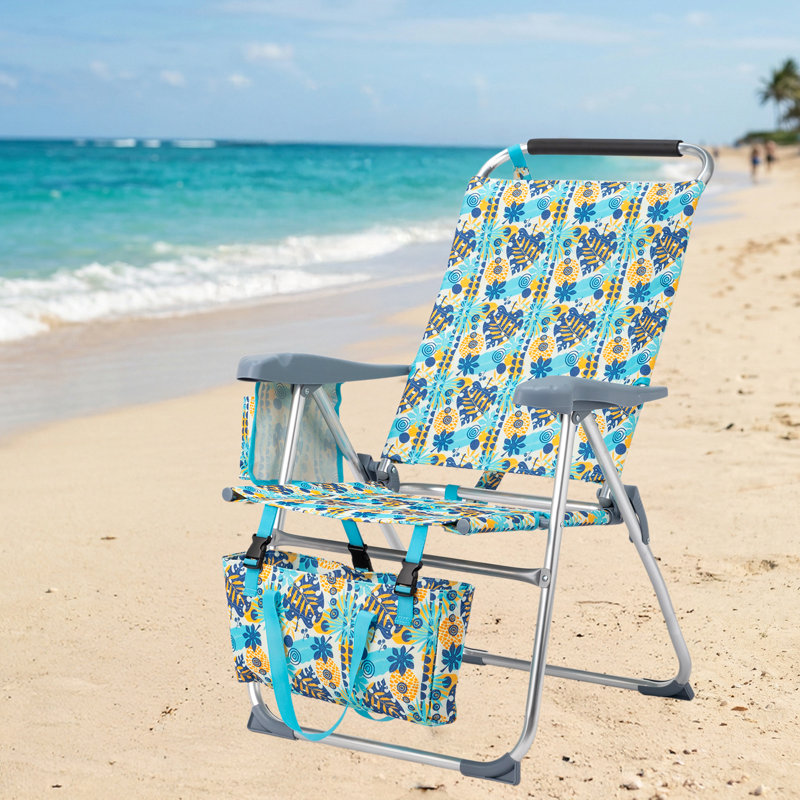7-Position Reclining High Seat Folding Beach Chair, 17 Inch Elevated Seat Aluminum Lawn Chair With Padded Headrest, Detachable Storage Tote & Cup Holder For Beach, Camping, Pool & Outdoor Concerts