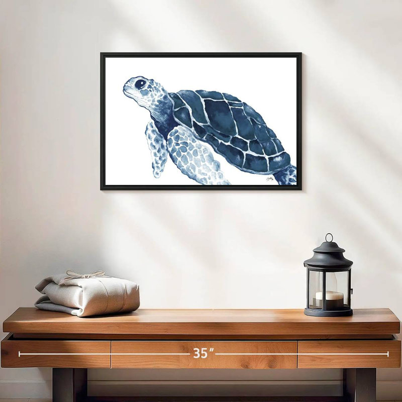 Tortue dans les bleus, 19 po x 13 po, Cadre flottant noir
