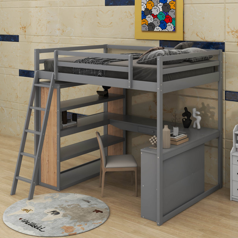 Lit mezzanine double avec tablettes et bureau, gris