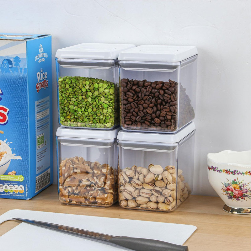4-Piece 1L Airtight Pantry Storage Container Set – Clear Plastic Stackable Food Jars With Push Button Lids For Cereal, Baking Ingredients, Sugar, Snacks, Flour, Coffee & More
