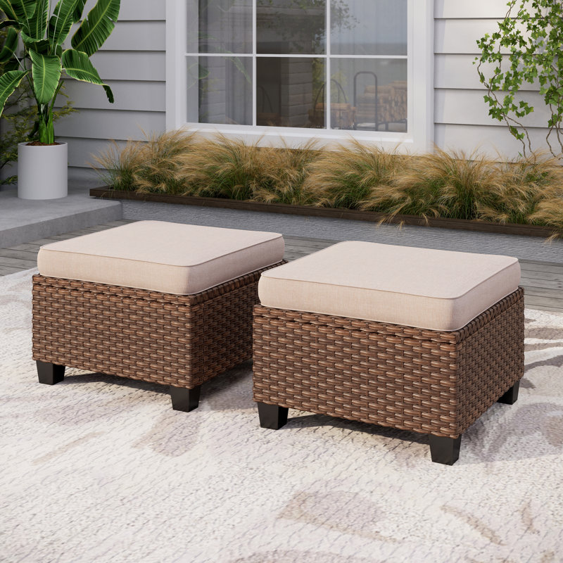 Salem Wicker Outdoor Patio Ottomans, Beige