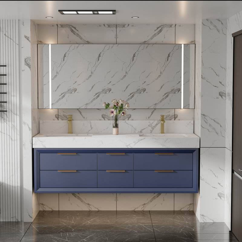 Meuble-lavabo mural de 60 po avec armoire en bois massif Melora, comptoir en pierre naturelle, tiroirs à fermeture en douceur et éclairage de designer DEL Melora