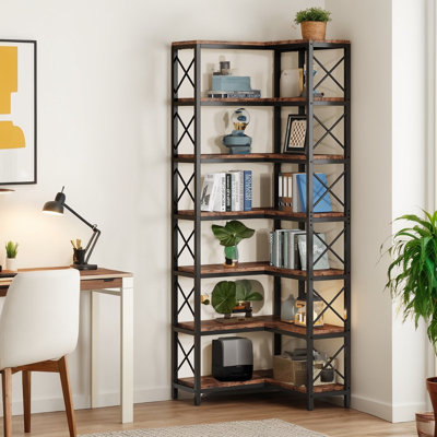 Freestanding 7-Tier Corner Bookshelf, Tall Display Bookcase and Storage Rack Organizer for Living Room and Home Office