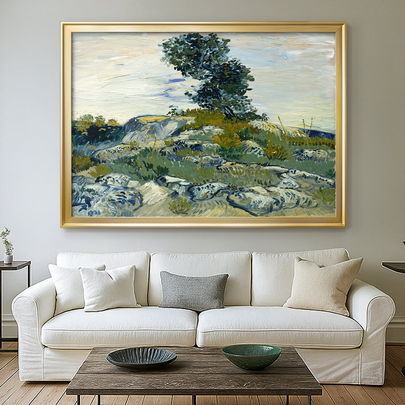 Roches avec chêne - Vincent van Gogh - Toile tendue avec châssis, 1888, 26,5 x 36,5, Toile avec cadre, Doré