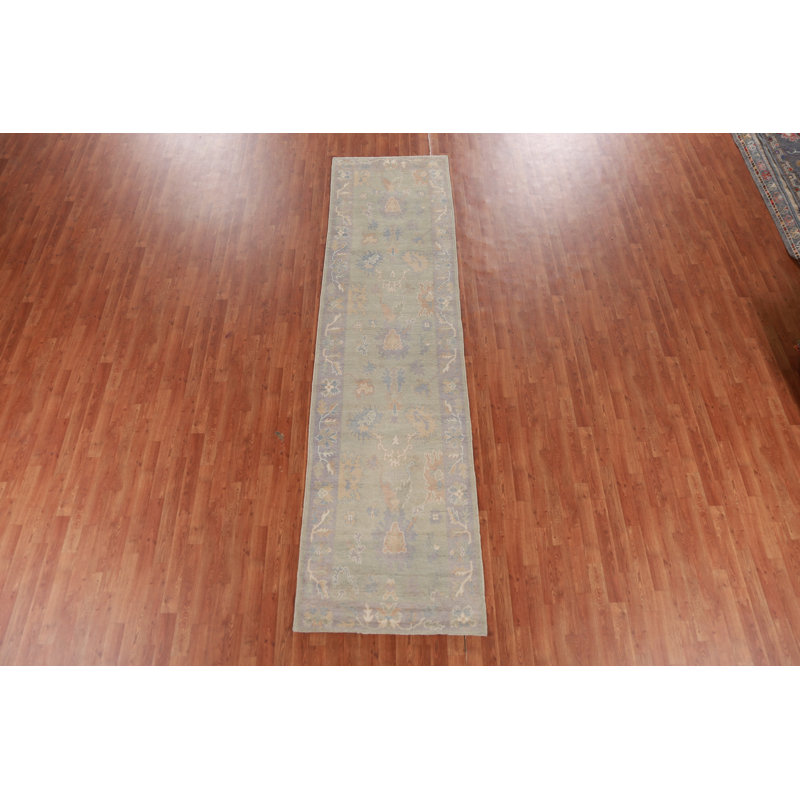 Vegetable Dye Green Oushak Turkish Runner Rug