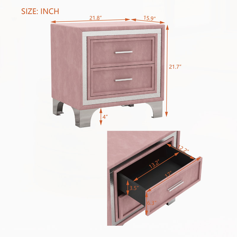 Velvet Solid Wood Nightstand, Pink