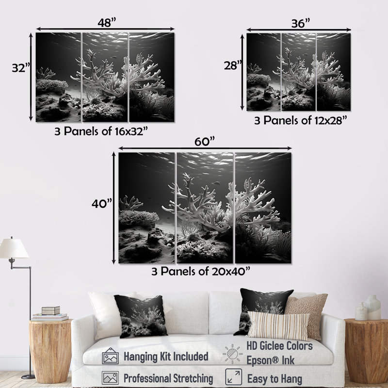Ensemble de décorations murales noir et blanc corail anémone Royaume V - Corail sous l'eau, H 28 po x l 36 po x P 1 po