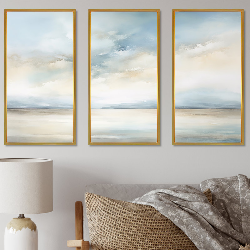Minimalisme, ciel nuageux paysage IV - ensemble d'art sur toile ciel, Cadre flottant doré, H 28 po x l 36 po x P 1 po