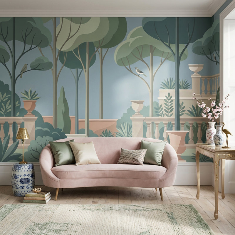 Papier peint moderne arbres et oiseaux, Non-Woven Nonpasted, 120" x 96"