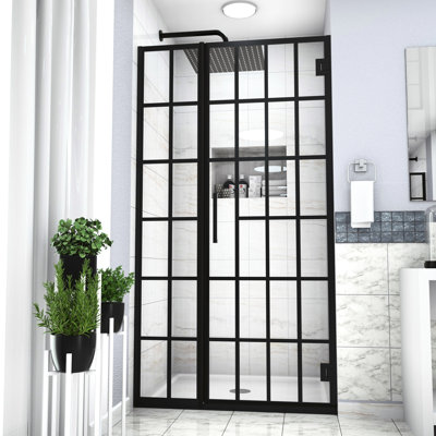 Porte de douche noir mat l 34 po x H 72 po avec motif en verre. Rafraîchir l'apparence de la salle de bain. Qualité trempée facile à entretenir. Installation professionnelle suggérée Embellissez votre salle de bain. Verre assuré.
