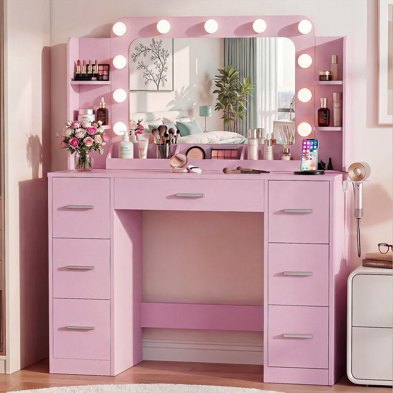 Makeup Vanity Desk with Lighted Large Mirror & Type‑C Fast Charging Outlet, Pink