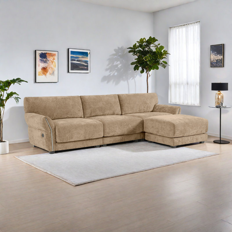 Modular Sectional Sofa, L-Shape With Extra-Wide Seat Cushion, USB And Type-C Charger, Petal Armrest Design, High Density Foam, Free Movement Ottoman, Wood Frame, Chenille, 4 Seat