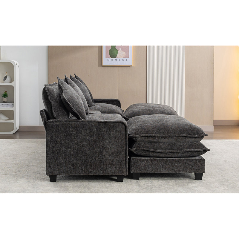 Canapé modulaire en chenille de 111 po avec deux repose-pieds amovibles, deux ports USB, deux porte-gobelets et une grande boîte de rangement pour le salon, gris