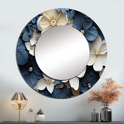 Semira ornée de violettes bleues et blanches - miroir Violettes, miroir mural rond bleu