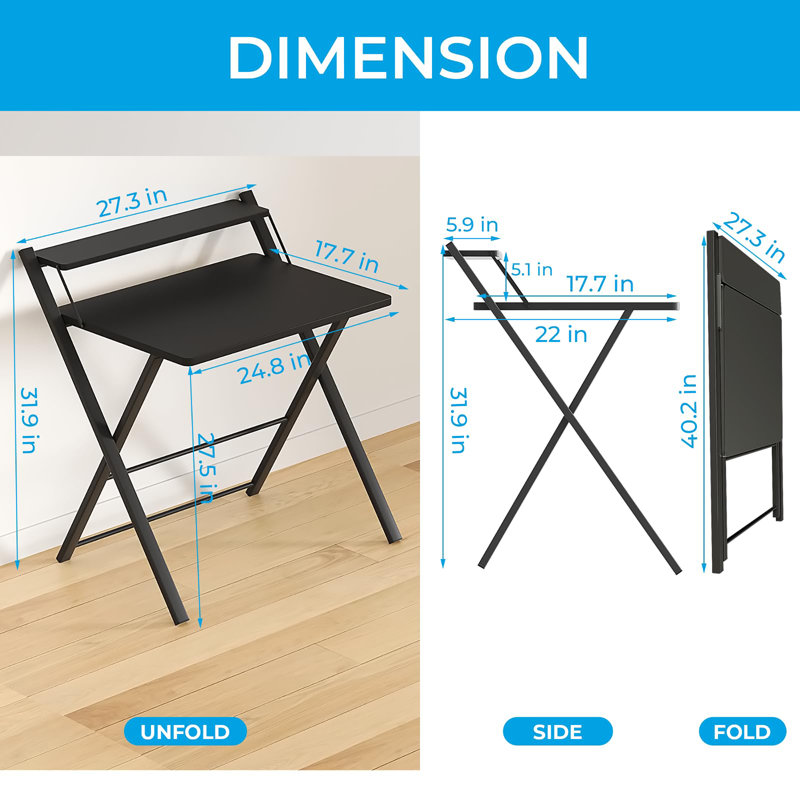 Folding Desk No Assembly Required Small Size, 2-Tier Foldable Computer Desk with Shelf for Home Office, Space Saving Portable Laptop Study Foldable Table for Small Spaces