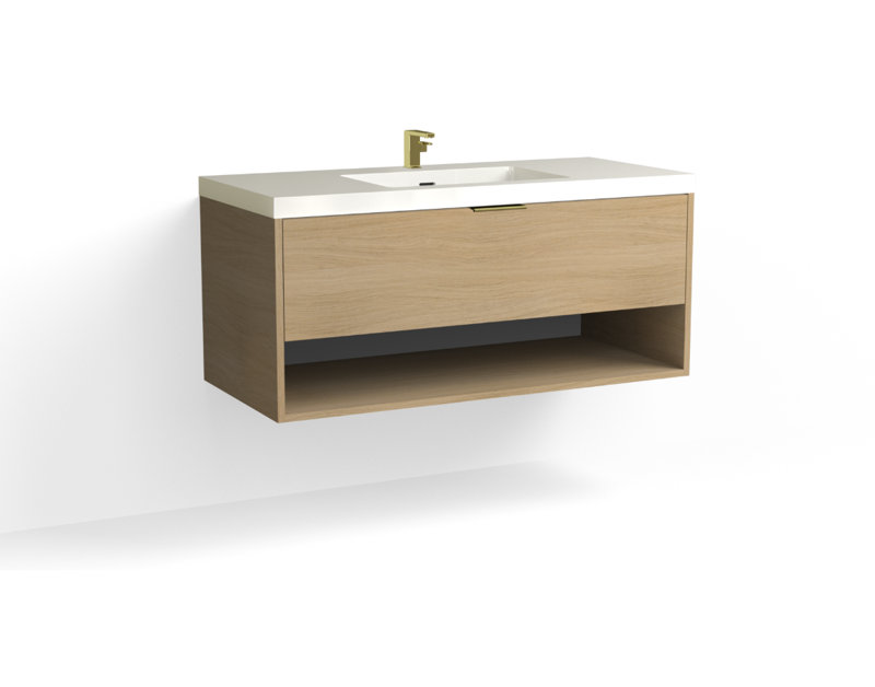 Modo 48" W Wall Mounted Single Bathroom Vanity, Matte White/8" Widespread, White Acrylic, Satin Brass