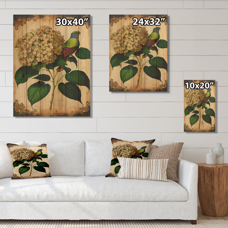 Victorien rétro Hydrangena II - Art mural floral en bois - Bois de pin naturel, L 30 po x H 40 po