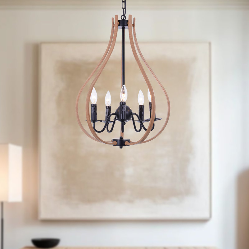5 - Dimmable Light 26" Wide Farmhouse Chandelier Foyer Chandelier With Wood Grain Color