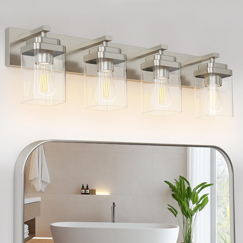 4-Light Square Bathroom Vanity Light, Rectangle Large Backplate Modern Over Mirror Wall Lighting Fixture, Nickel