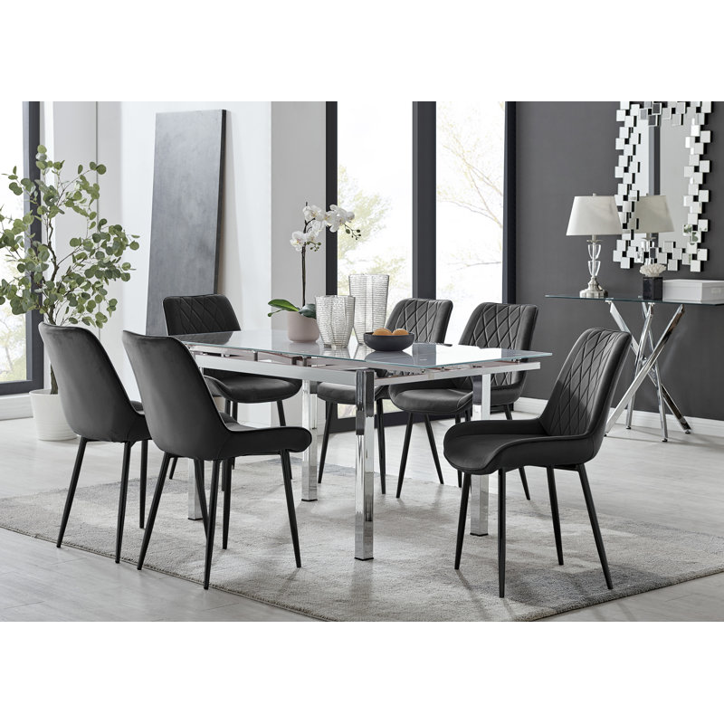 Tierra Modern Glass & Metal Extendable Dining Table Set & 6 Luxury Upholstered Velvet Dining Chairs, White, Black/Silver